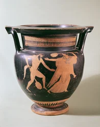 Attischer rotfiguriger Säulenkrater auf schwarzem Grund, verziert mit Figuren einer Bacchantin und eines Satyrs